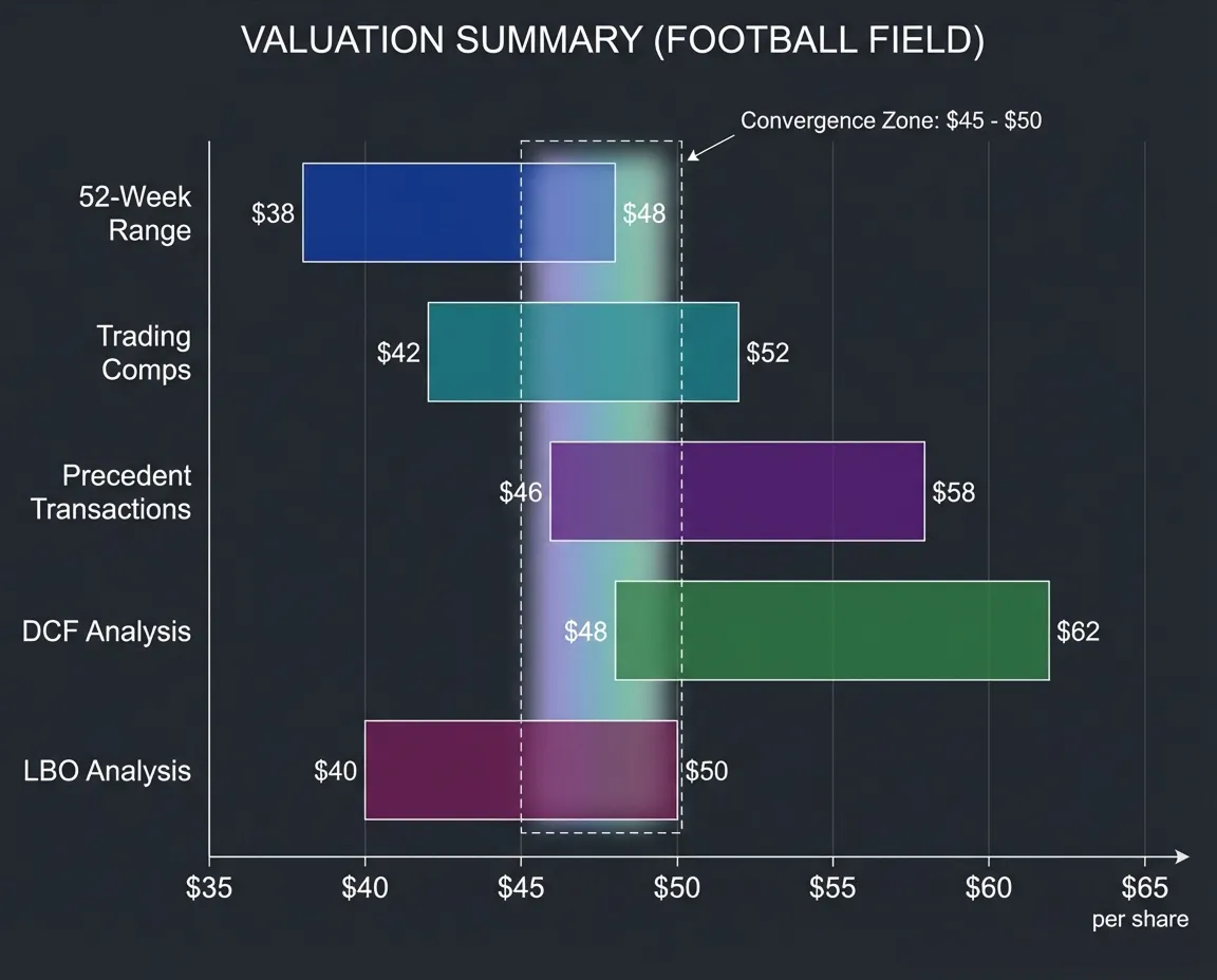 A football field chart showing implied valuation ranges from multiple methodologies